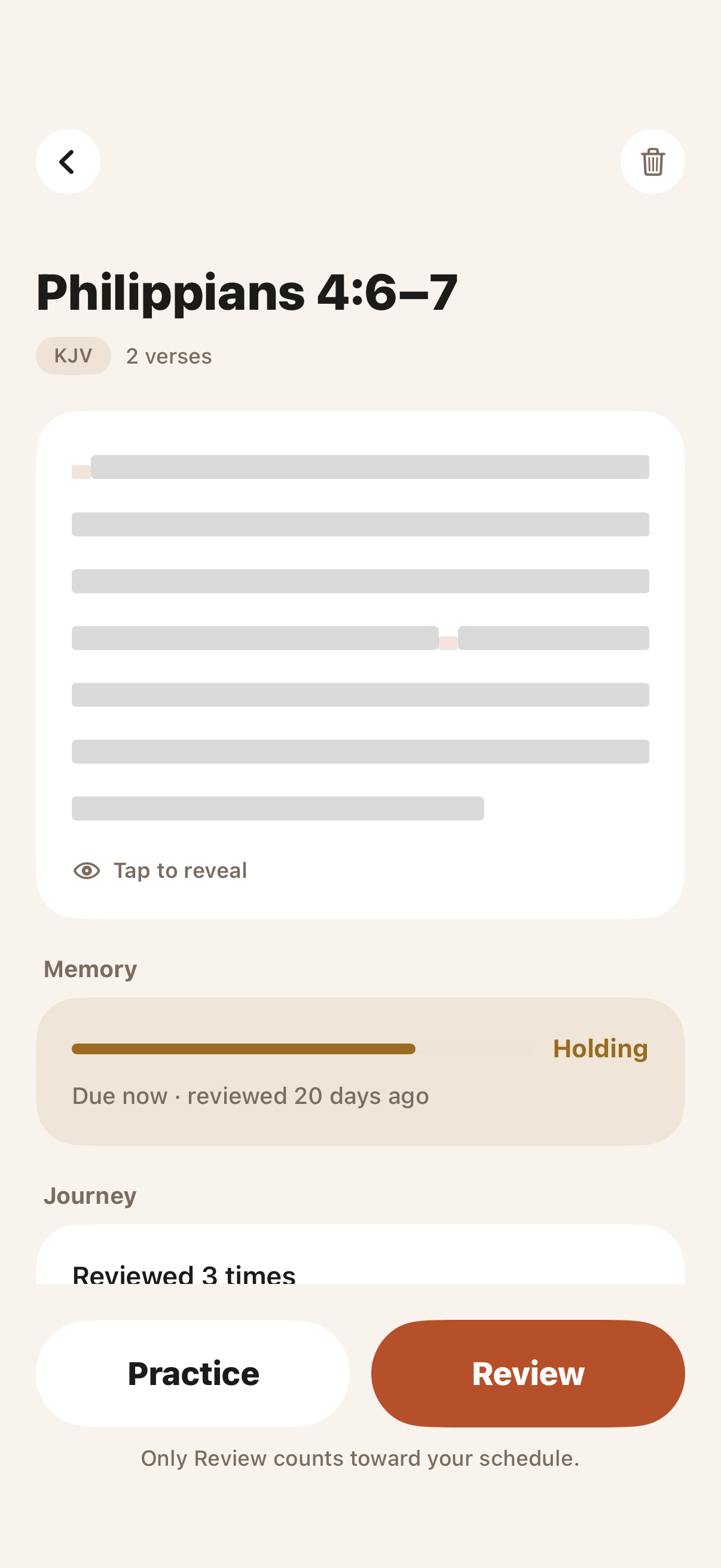 A passage's detail screen showing its memory health and next review