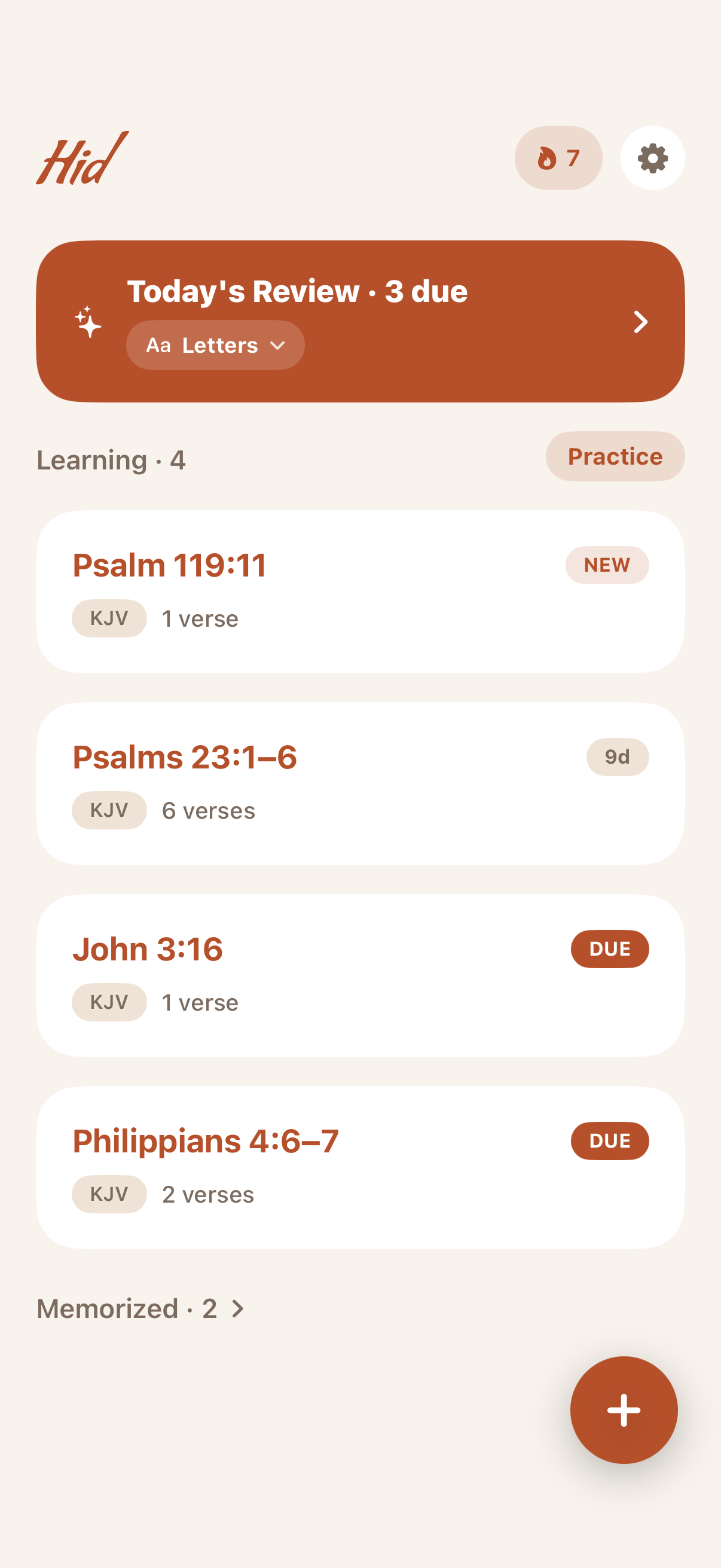 The Hid library: passages you're learning, with today's review at the top